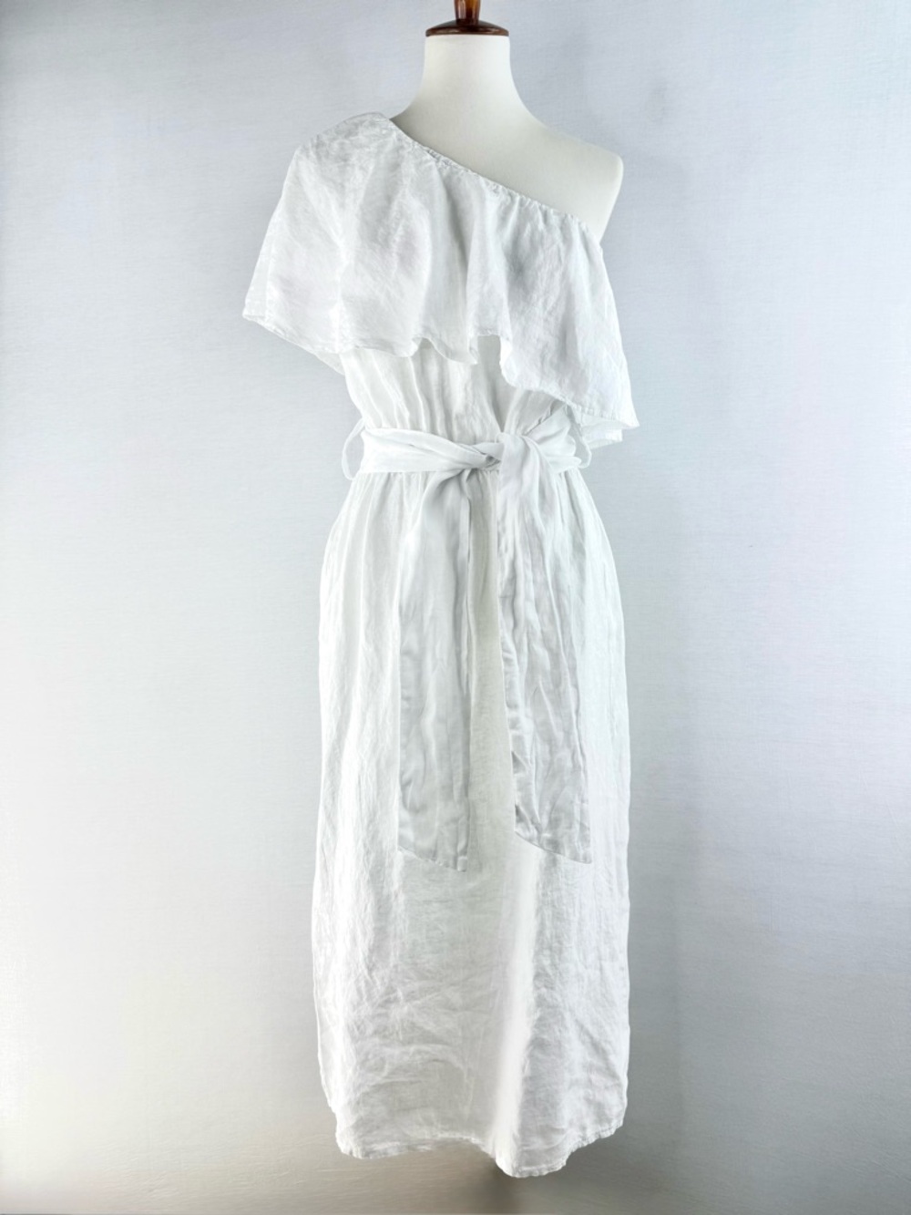 Milio Milano White Italian Linen One-Shoulder Ruffle Tie Waist Dress